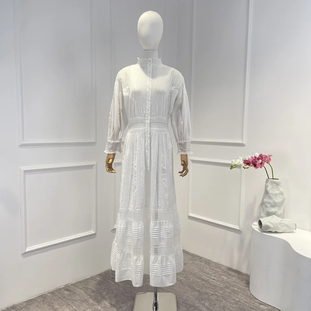 

2023 New High Quality Cotton Solid White Ruched Lace Patchwork Midi Dress women Spring Summer