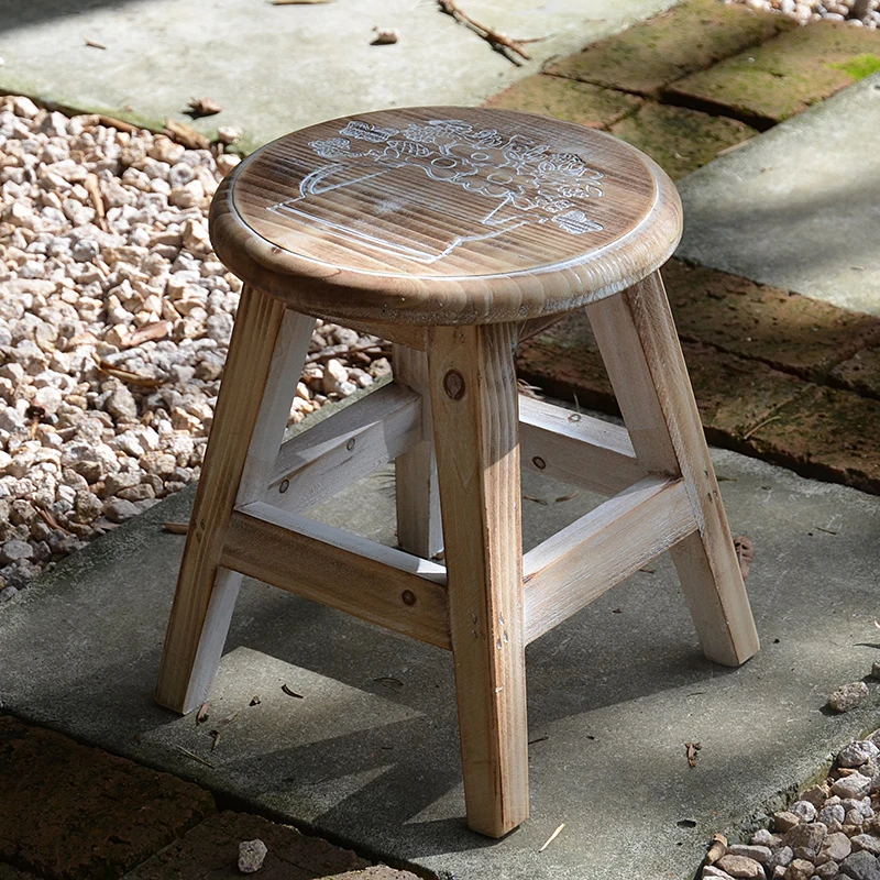 Engraved Wooden Stool Round Plant Stand Retro Low Chair Small Bench Sturdy Step Bathroom Furniture Home Decoration