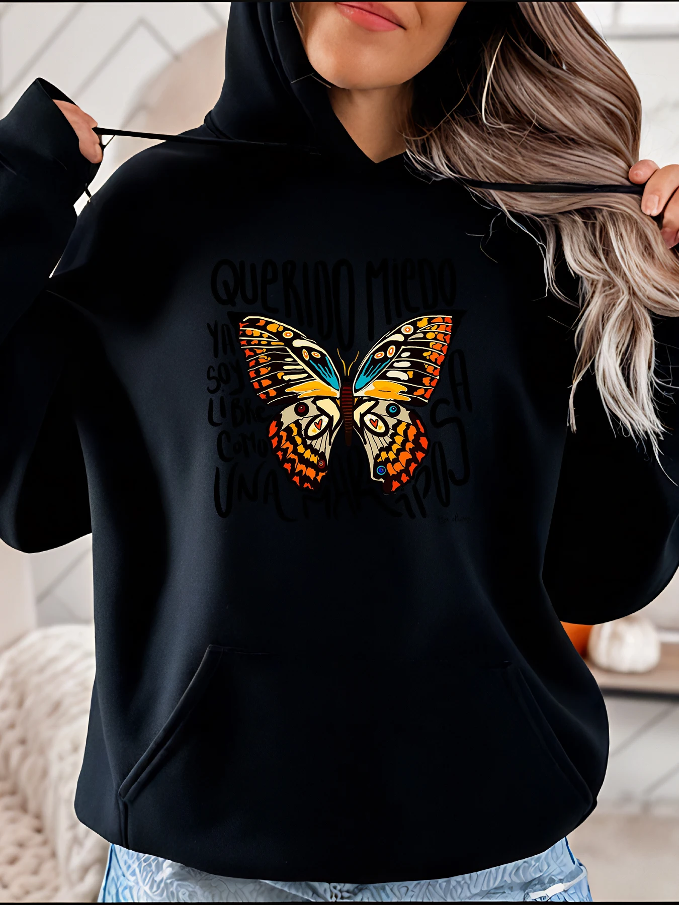 Bluza z kapturem z nadrukiem motyli damska, codzienna odzież uliczna, modna bluza dresowa, strój na jesień i zimę 280