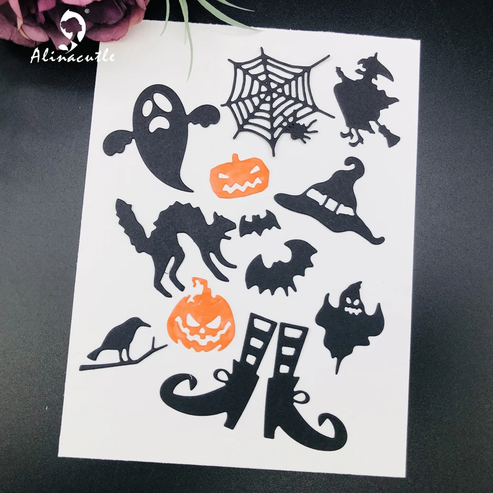 Alinacutle Metalowe matryce do wycinania Części Halloween Pająk Kot Scrapbooking Papierowy album rzemieślniczy Ręcznie robiony szablon kartki