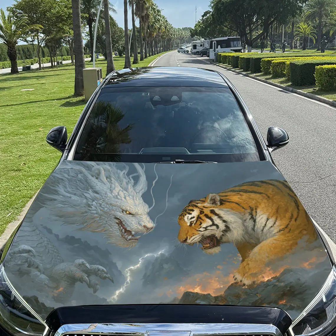 

Thunder Cloud Dragon-Tiger Duel Pattern car hood stickers, waterproof self-adhesive, scratch resistant, easy to stick, durable c