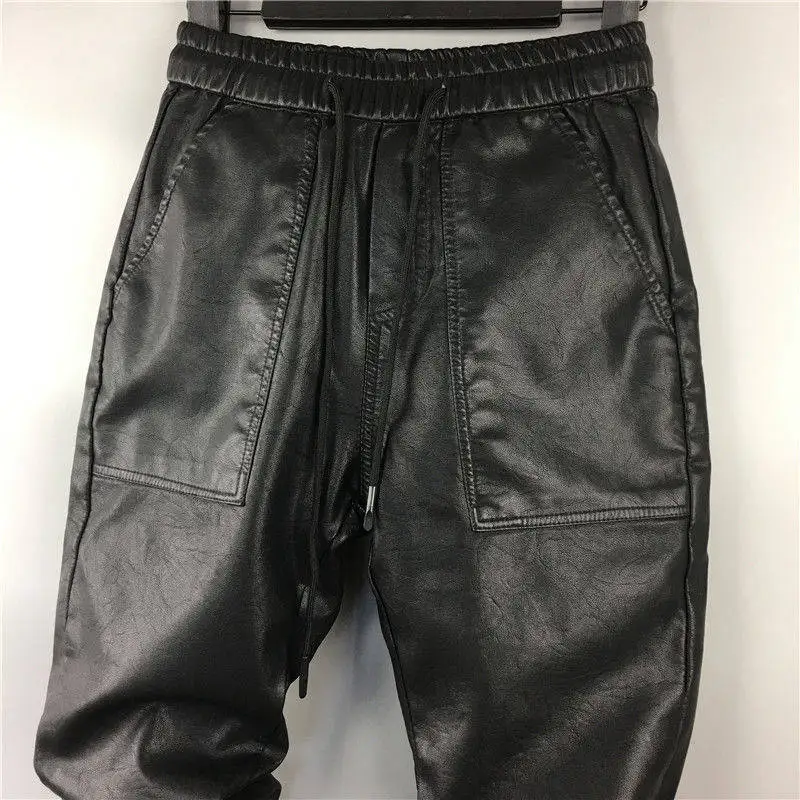 Men's Faux Leather Pants Elastic Waist Jogger Waterproof Windproof PU Leather Motorcycle Trousers Harem Pants