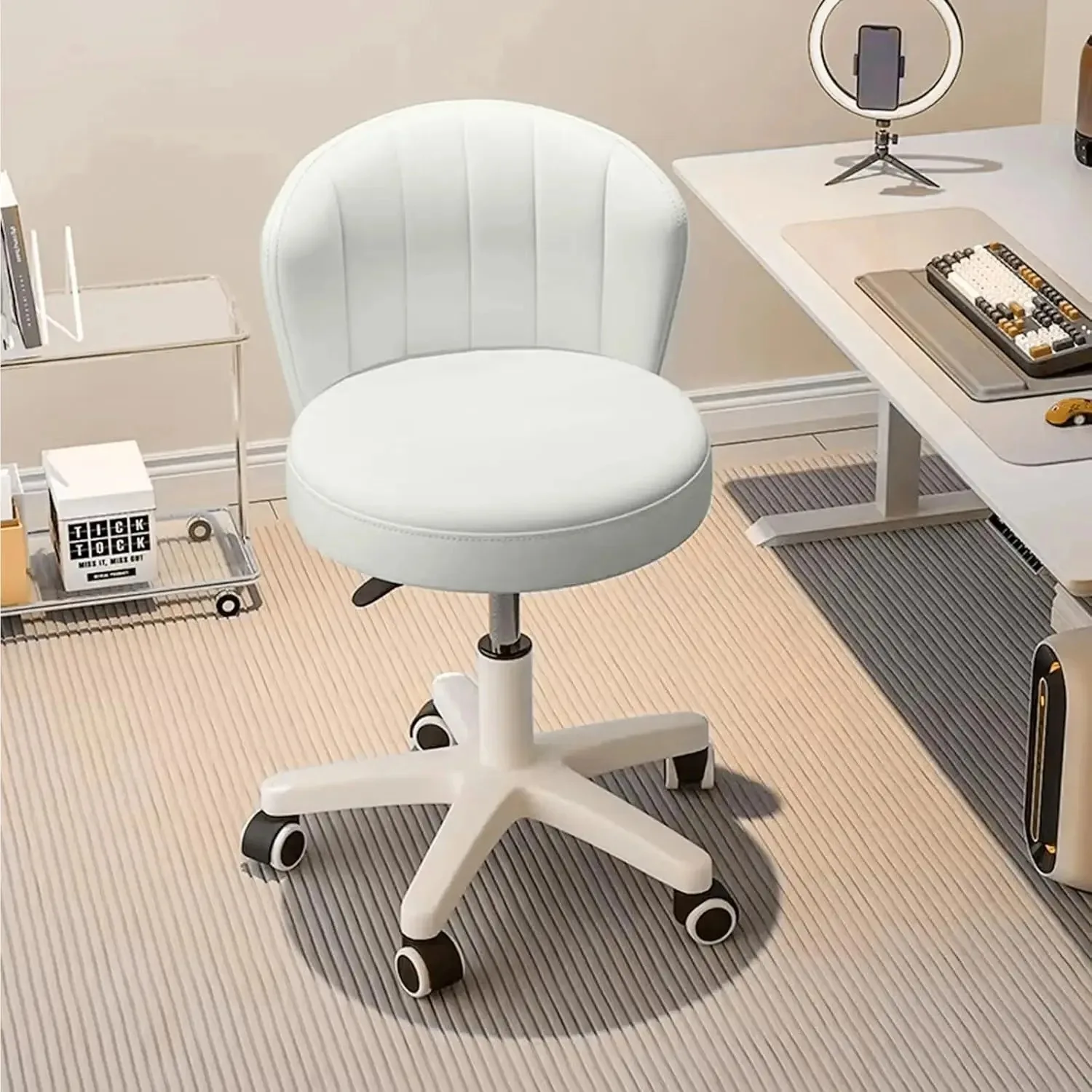 Small Desk Chair Round Rolling Chair with Back PU Leather Height Adjustable Swivel Vanity Work Computer Stool Chair, Customized