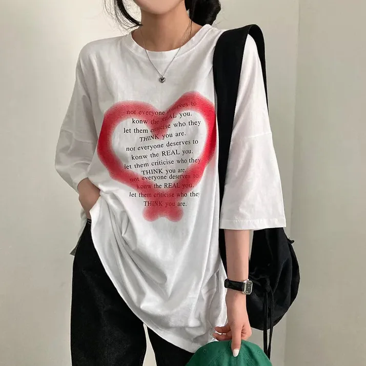 

Korea Short Sleeve Versatile Pullovers Summer Plus Size Printing T Shirt Tops love Round Neck Casual Fashion Women Clothing