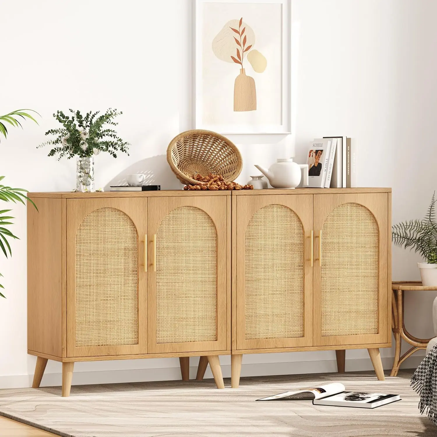 Rovaurx-Armário de Armazenamento Rattan com Portas, Accent Armário de Banheiro, Aparador Moderno, Buffet Cabinet for Living, Conjunto de 2