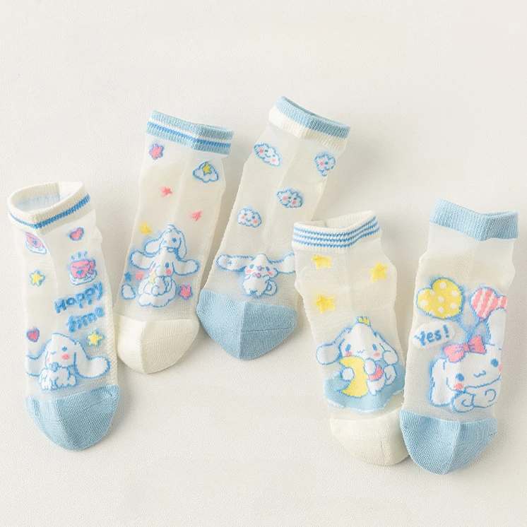 5 Pairs/Lot Sanrio Cinnamoroll Children's Sock Kawaii Kuromi Plain Mesh Socks Invisible Ultrathin Breathable Socks