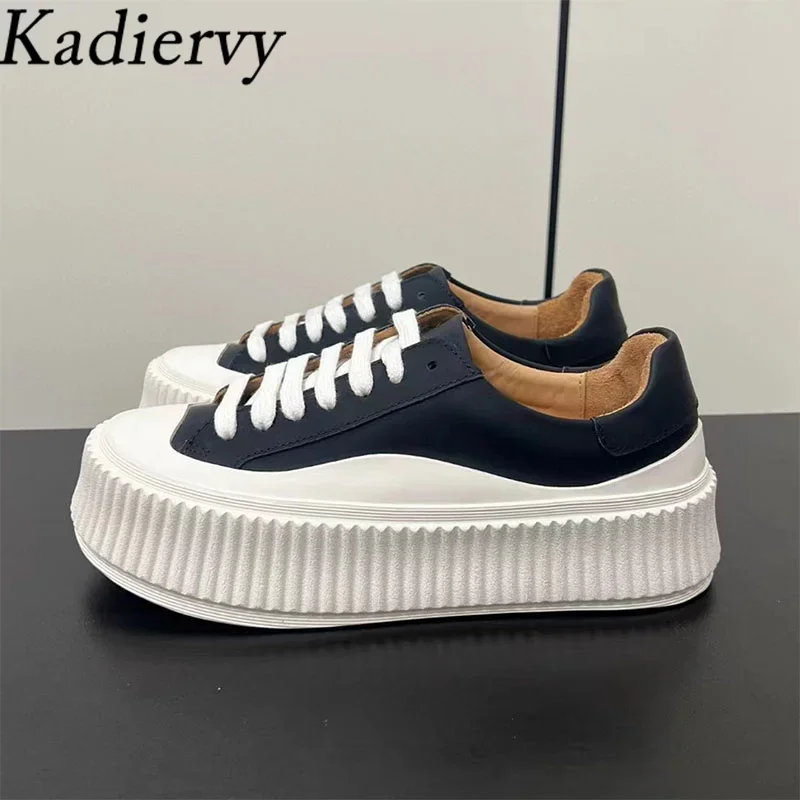 Hot Sales Thick Sole Sneakers Women Casual Outdoor Casual Shoes Lady Round Toe Lace Up Genuine Leather Flat Platform Shoes Woman