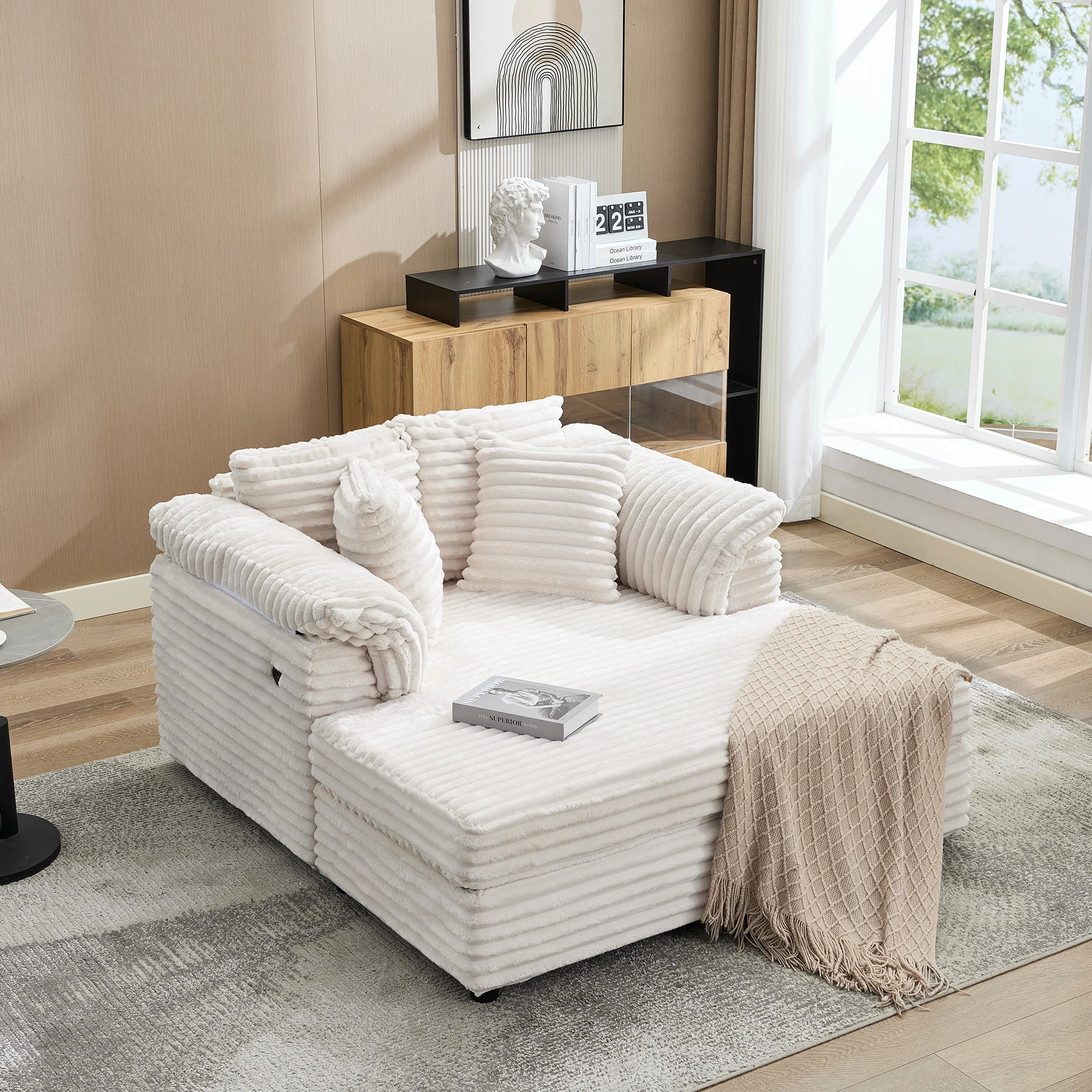 Oversized Chaise Lounge Chair, Indoor Upholstered Sofa Bed with Throw Pillows & Armrests, Comfy Corduroy Sleeper Couch with Cup Holders & Charging Port, 60-Inch Wide, for Living Room & Bedroom