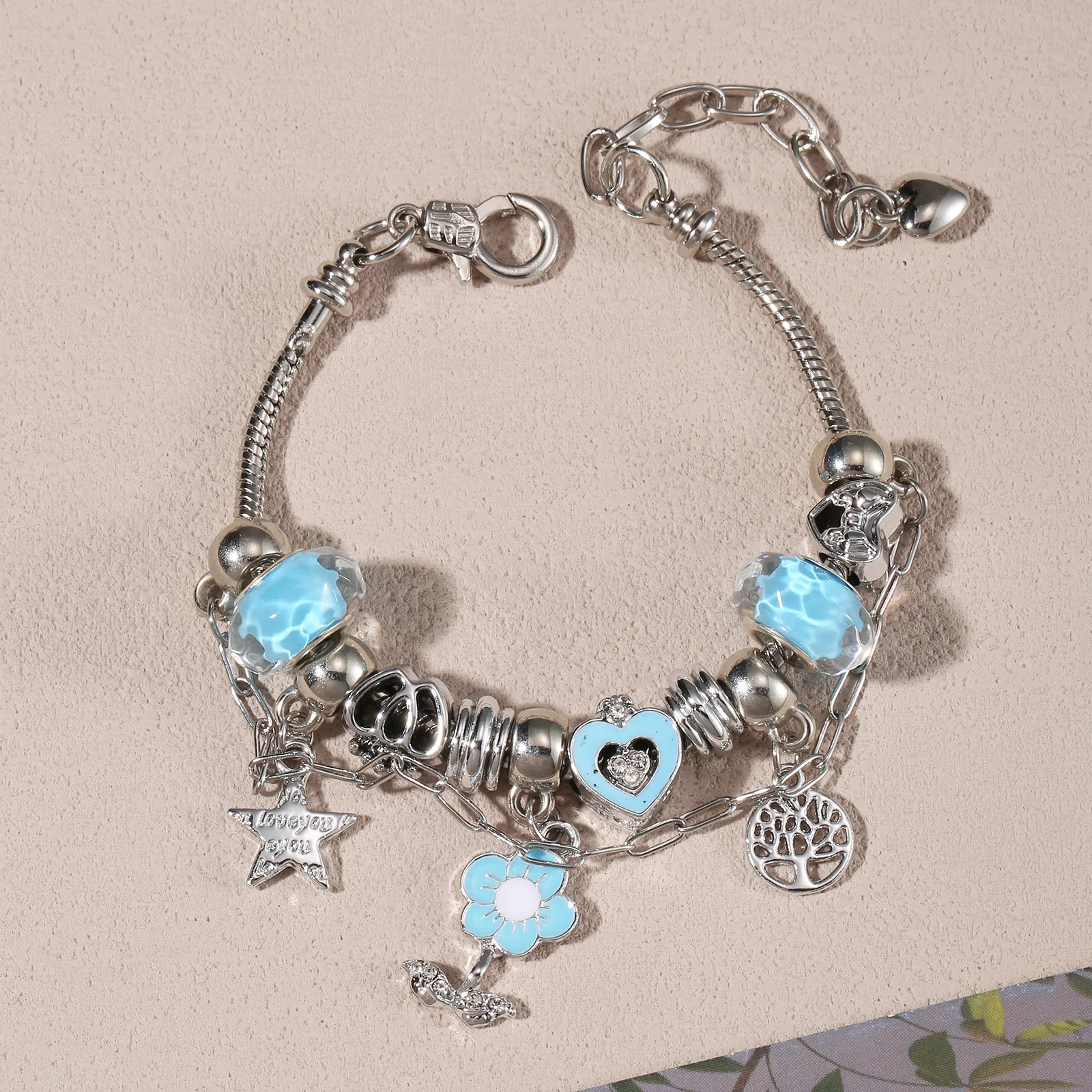 

Silvery Tone Stainless Steel Pandora-Style Charm Bracelet with Blue Enamel and Synthetic Zirconia for Women