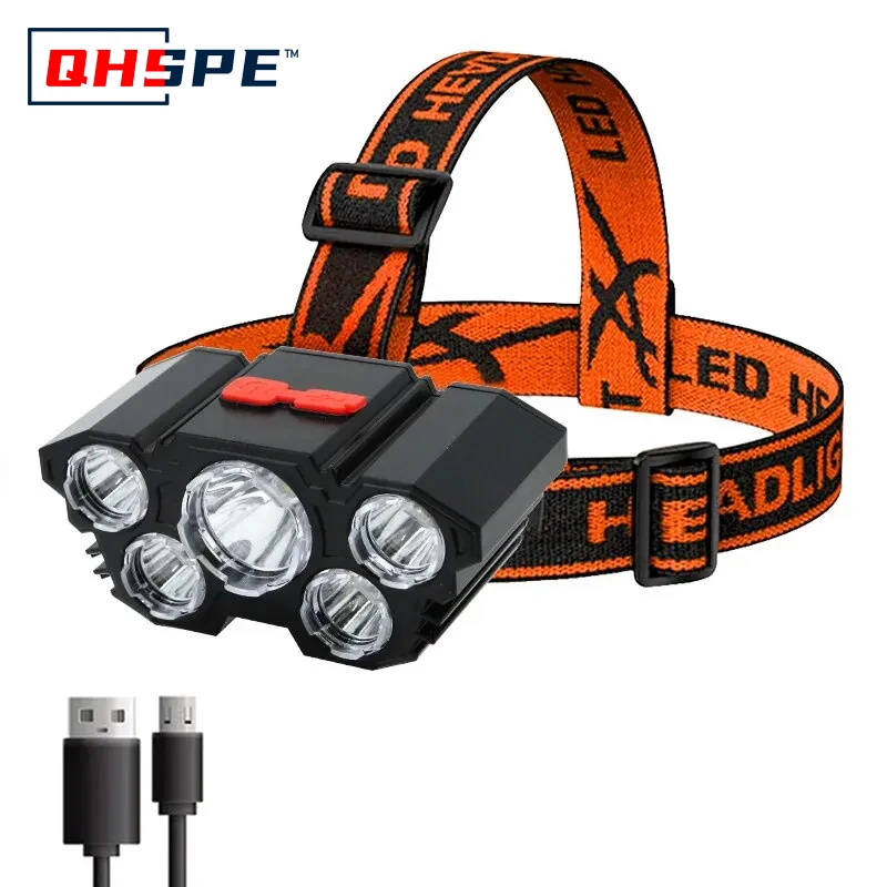 

Легкий перезаряжаемый фонарик с 5 светодиодами, встроенный аккумулятор 18650 для сильных фар для кемпинга, рыбалки и фар