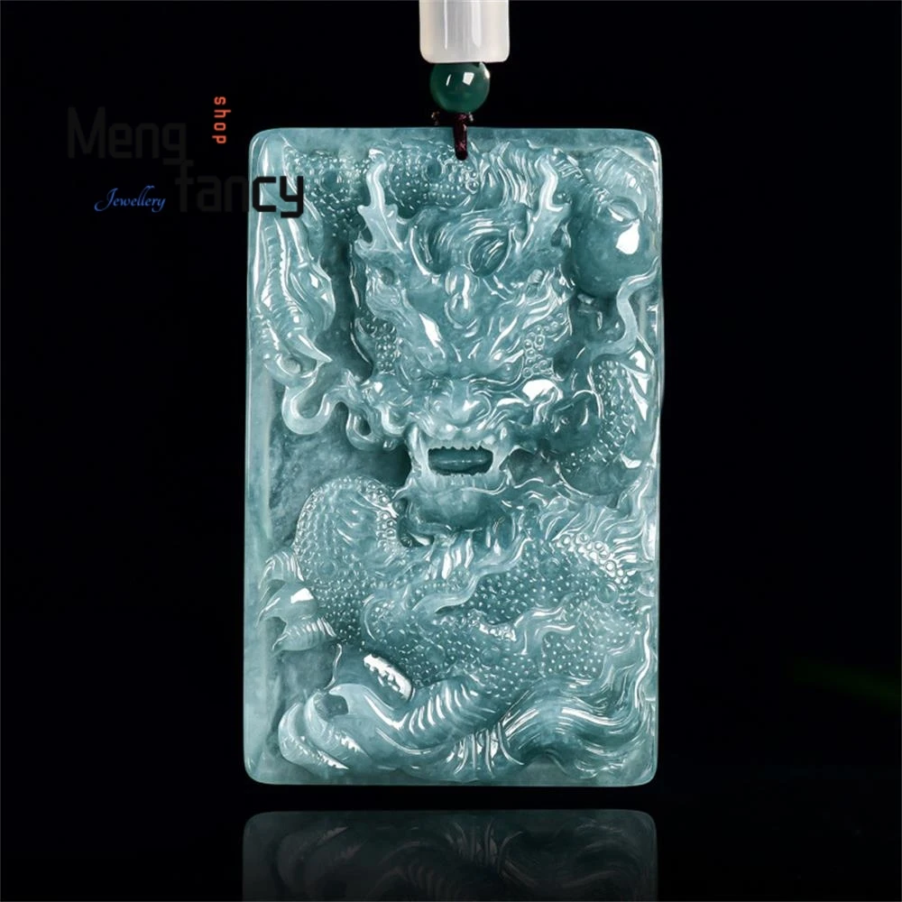 

Natural A-grade Jadeite Blue Water"Domineering"Zodiac Dragon Ice Type Jade Pendant Double-sided Engraving National Style Jewelry
