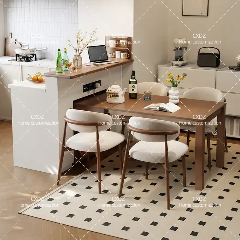 Solid Wood Folding Retractable Dining Table Household Storage Island Cabinet Extendable Kitchen Counter with Wheels for Small