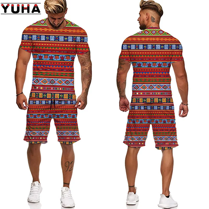 YUHA, set di t-shirt da donna/uomo con stampa 3D africana Africa Dashiki tuta da uomo/top/pantaloncini tuta sportiva e per il tempo libero estiva da