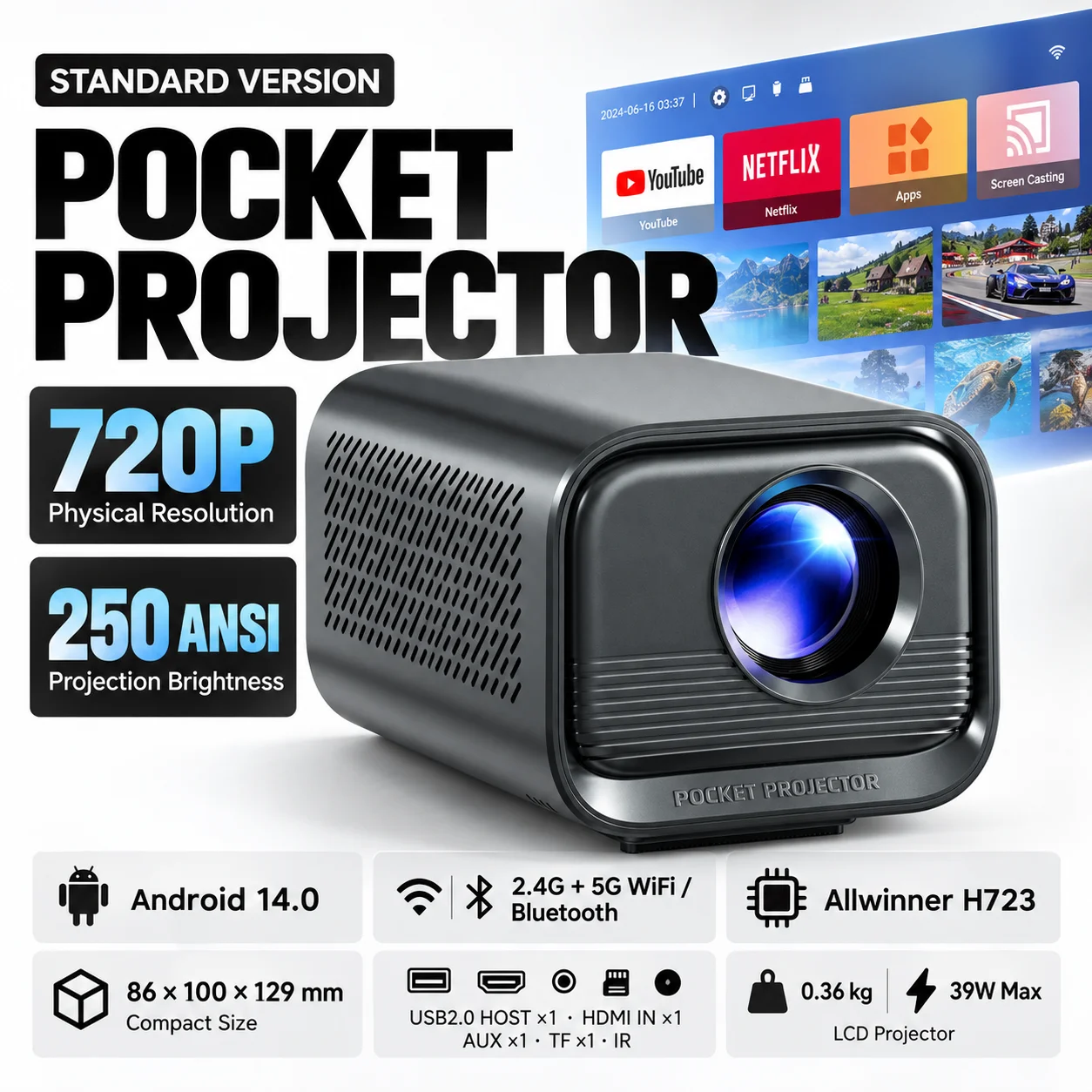 P80 Intelligent Mini Projector Android 14 WiFi 6 4K Electronic Focus Intelligent Home Theater Outdoor Portable Projector