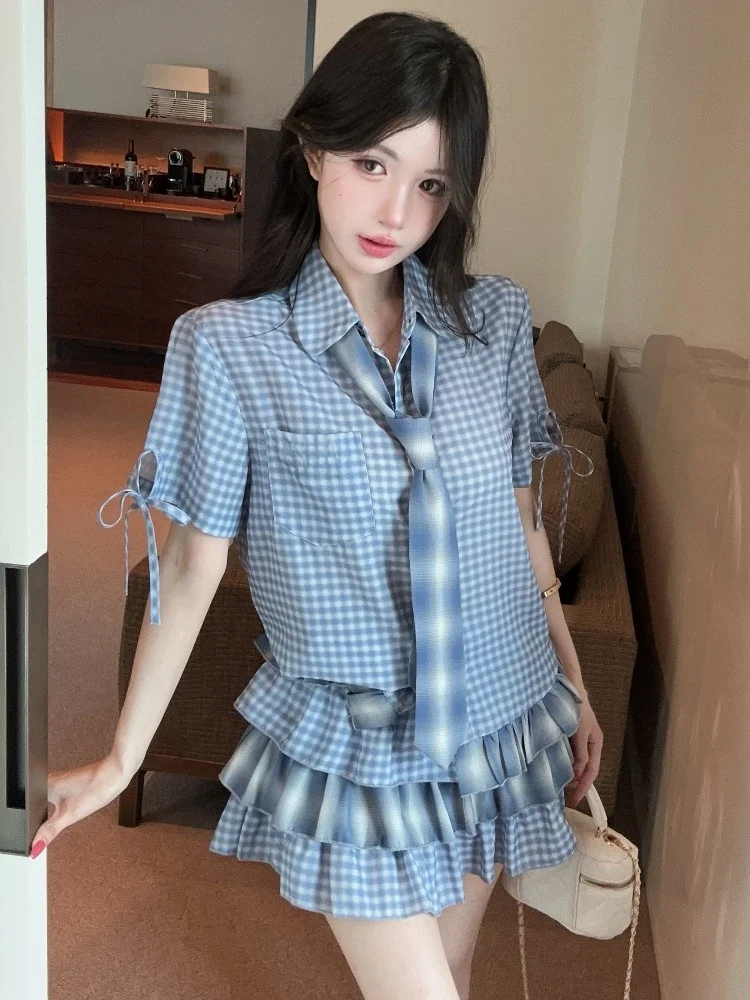 

Korean Style Plaid Half Skirt with Ruffle Design And Blue Polka Dot Short Sleeve Shirt Two Piece Set for Women Summer Casual ...