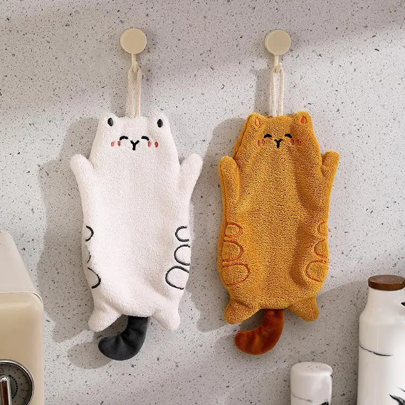 Cute Animal Print Hanging Hand Towel Absorbent Anti-Bacterial Cleaning Cloth for Bathroom Kitchen Home Daily Cleaning