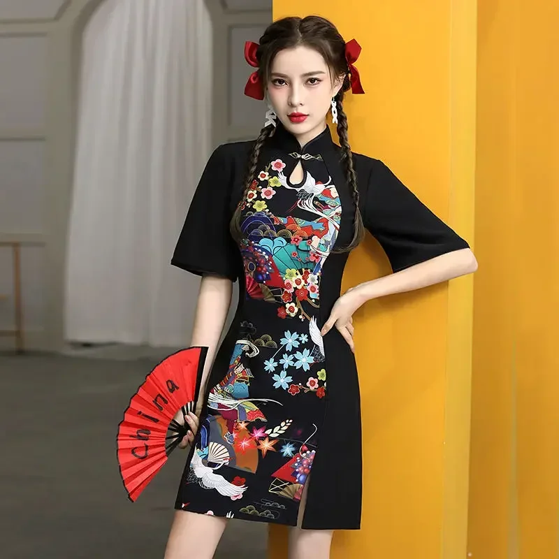 

Improved Cheongsam A-Line Dress Women Sexy New Cheongsam National Tide Short Qipao Elegant Retro Vestidos Chinese Style Dress