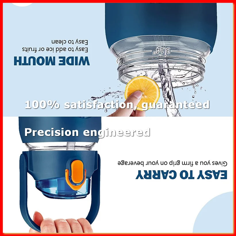 64Oz Glass Water Bottles with Straw, Glass Bottle with Silicone Sleeve and Time Marker, for Gym Home Office Navy Blue-A55K