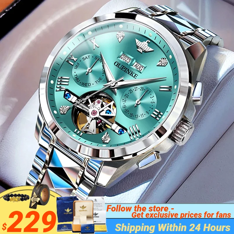 

OUPINKE Top Luxury Men's Watches Classic Calendar Automatic Wristwatch Original Mechanical Tourbillon Movement Sapphire Mirror