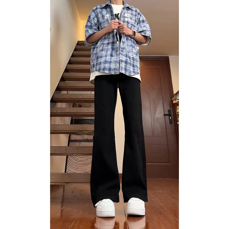 Boys' Curved Knife Slightly Flared Jeans Black Versatile Slimming Wide Leg Pants