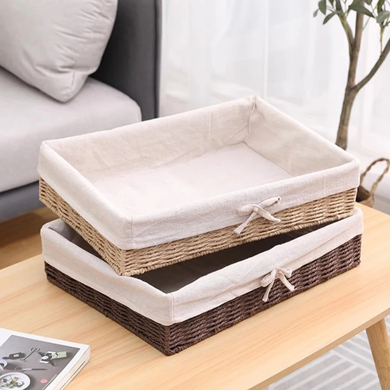 سلال خوص منسوجة يدويًا سلة تخزين منسوجة أشتات منظم الملابس سلة الغسيل اللعب حاوية الوجبات الخفيفة صندوق تخزين مكتبي
