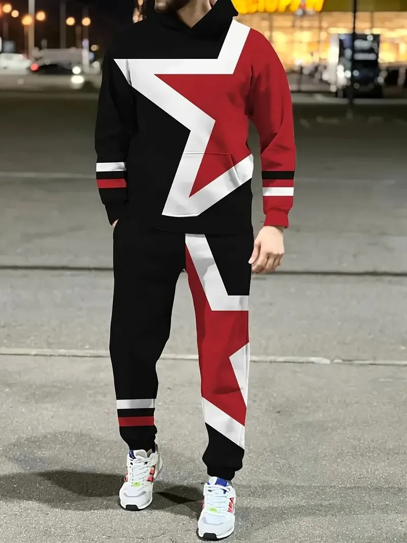 2026 Autumn/Winter New Style Street Casual Fashion Comfortable Soft 3D Star Pattern Printed Men's Hooded Sweatshirt Set