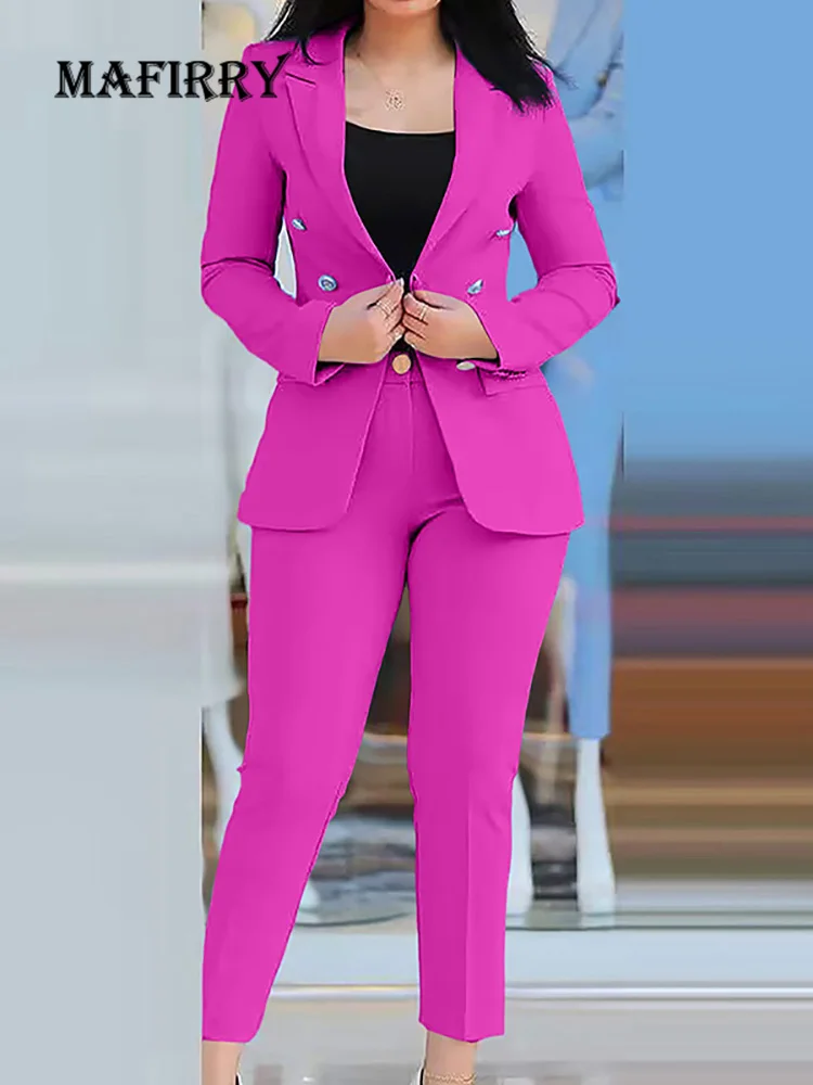 

Chic Women Suit And Pants Two Piece Set Office Lady Coats Long Pants Solid Outfit Casual Patchwork Mid Waist Pants Matching Suit