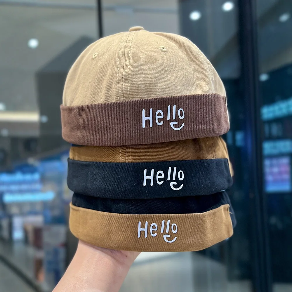 Men's Women's Brimless Beanies Hello Embroidery High Quality Cotton Skullies Cap Streetwear Fashion Loop Hats New