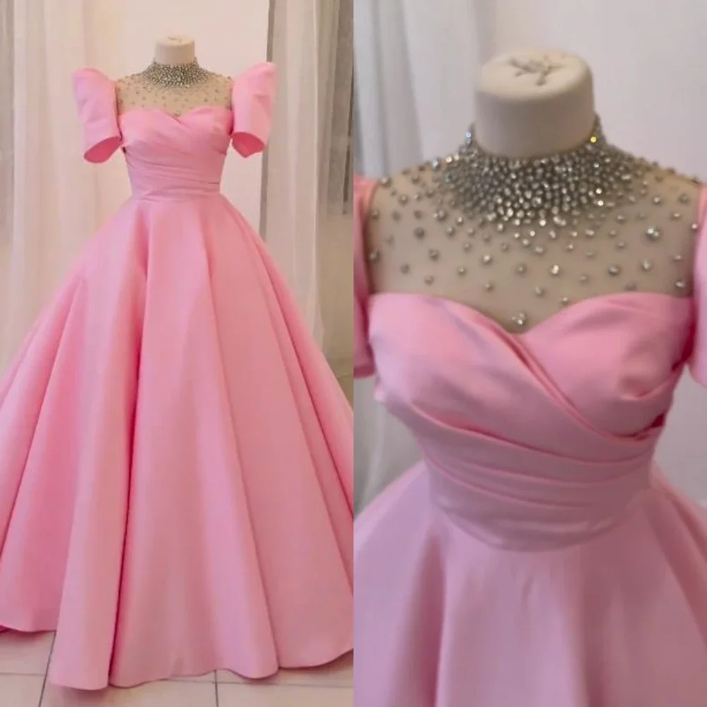 Customized Elegant Women High Collar Ball Gown Quinceanera Shirred Beading Floor Length Charmeuse Evening Vestido Exquisite Cla