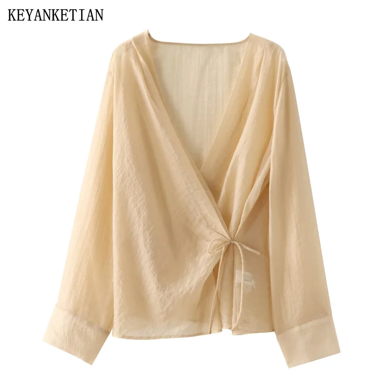 

KEYANKETIAN 2024 New Launch Women's Translucent Lace-up Shirt Spring V-Neck Long Sleeve Solid color Fashion Leisure Blouse Top