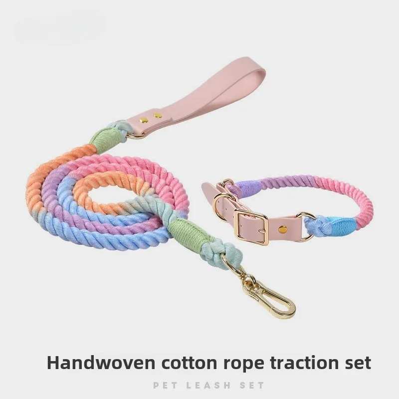 

Loudik Wholesale Handwoven Colored Pet Dog Traction Rope Set Leather Doge Collar Medium Large Dog Pet Supplies Puppy Accessories