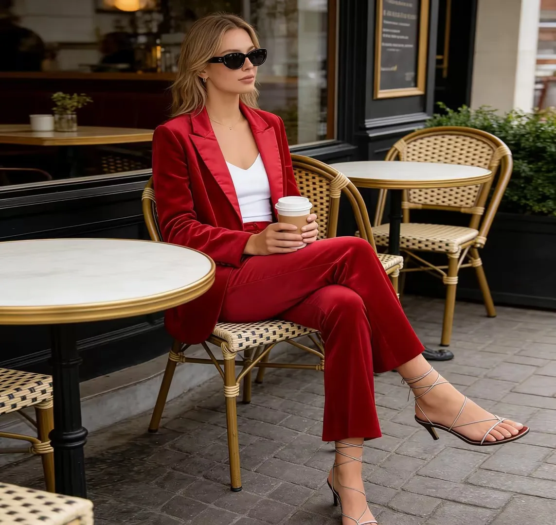 

Woman Spring Two Piece Pant Set Fashion Long Sleeves Velvet Fabric Blazer+ Buttons Suit Trousers Female Versatile Two Piece Set