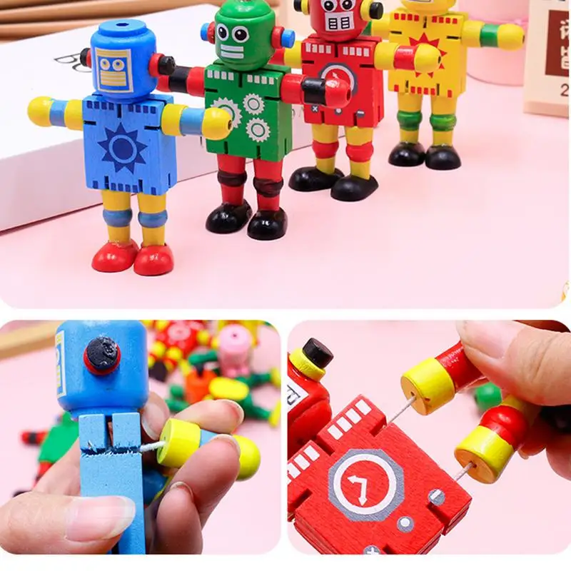 Robot Puppet Wooden Toy Robots Joint Adjustable Wooden Robot Toy Desktop Figure Stress Relieving Toys Gifts for Children Kids