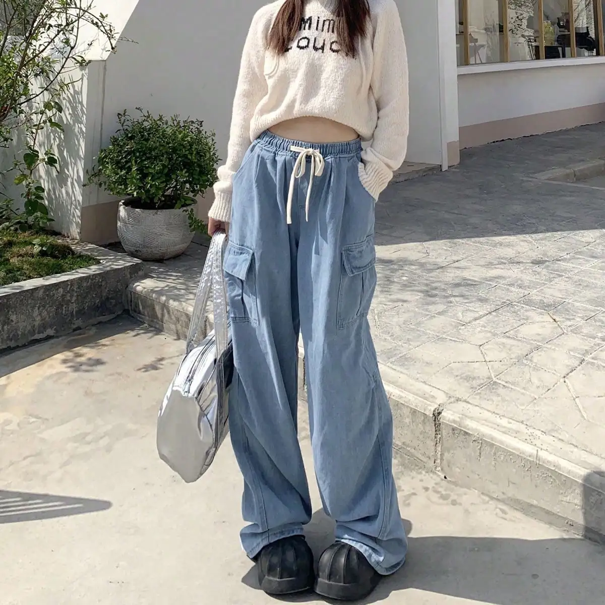 Korean Chic Autumn and Winter Style Fashionable Side Flap Pocket Pants Design Women's Loose Slimming Look Narrow Version Workwear Wide Leg Pants