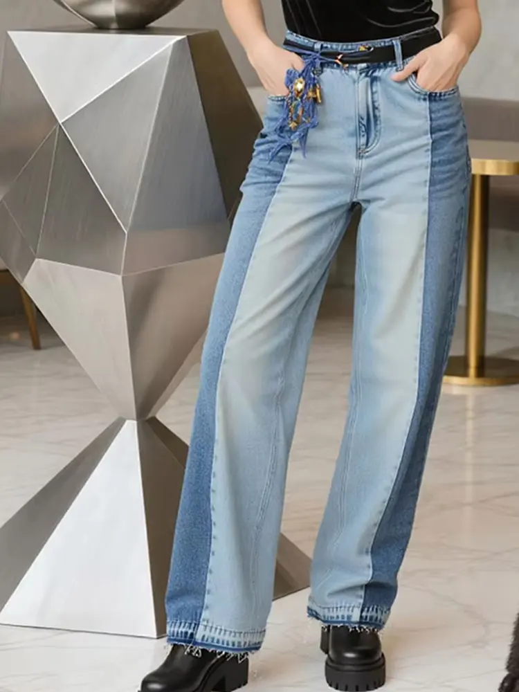 HH Women Fashion Patchwork Straight Jeans Vintage High Waist Wide Legs Denim Pants Autumn High Street Lady Trousers Jeans
