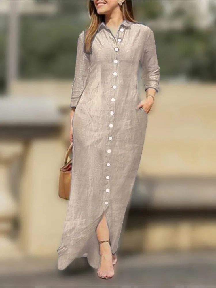 2025 nuevo vestido Primavera Verano mujer talla grande elegante estilo Neutral algodón Lino vestido largo manga larga solapa Color sólido