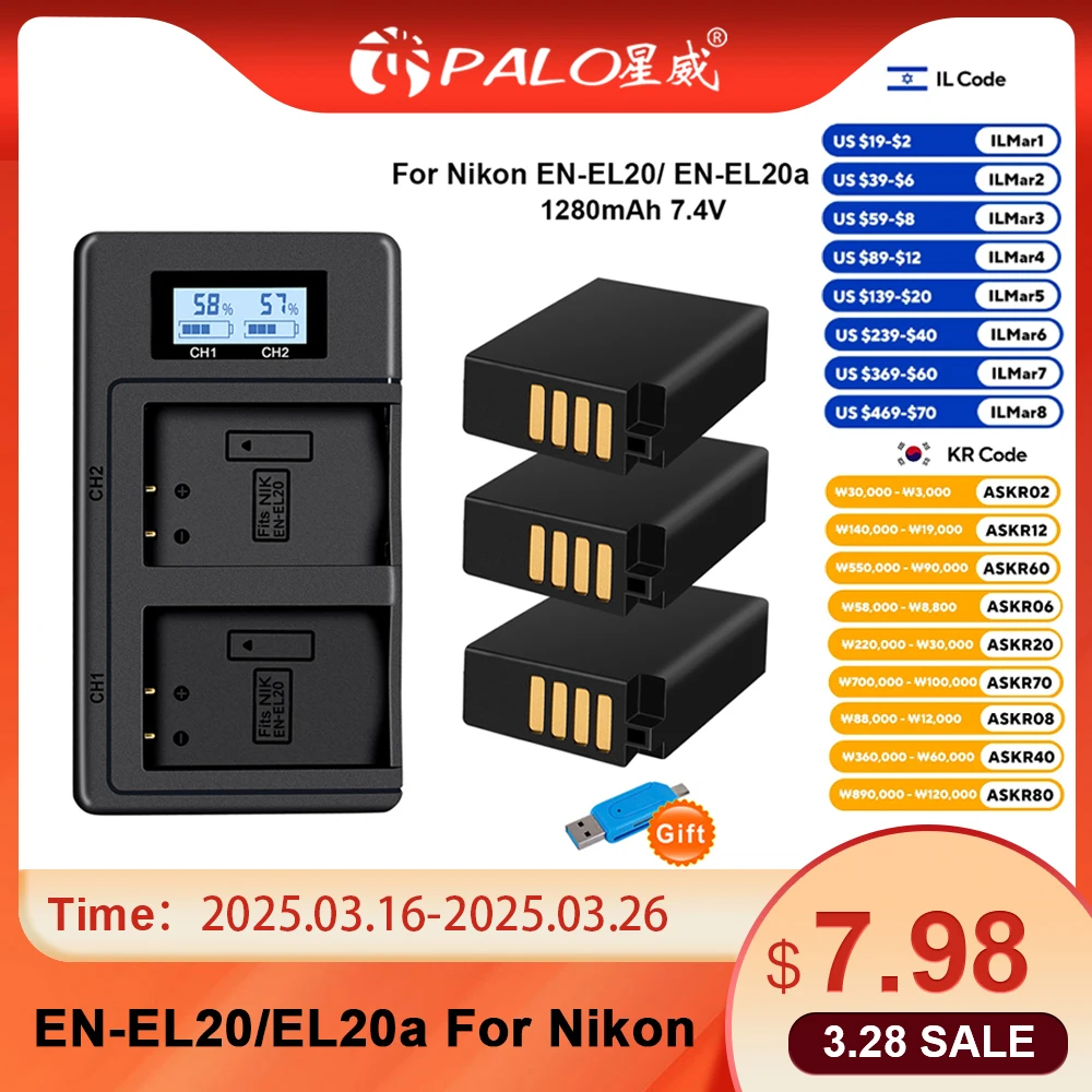 

EN-EL20A EN-EL20 Battery + LCD Dual Charger for for Nikon Coolpix P1000 P950 1 J1 J2 J3 DL24-500 Blackmagic Pocket Cinema Camera