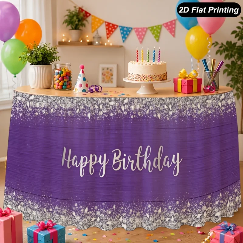 Table skirt, 1 tablecloth, birthday tablecloth 2D flat purple silver glitter 