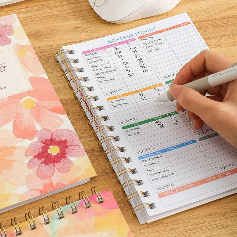 Cuaderno de cuentas financieras semanal diarias en inglés, cuaderno de bobina grande, libro de presupuesto de efectivo de ingresos y gastos para el hogar