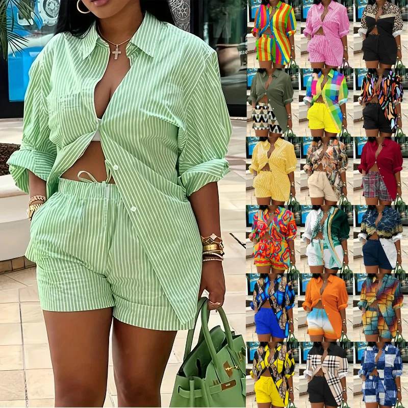 

2025 Two-piece Set of Long-sleeved Shorts Printed Commuter Set European and American Women's Clothing