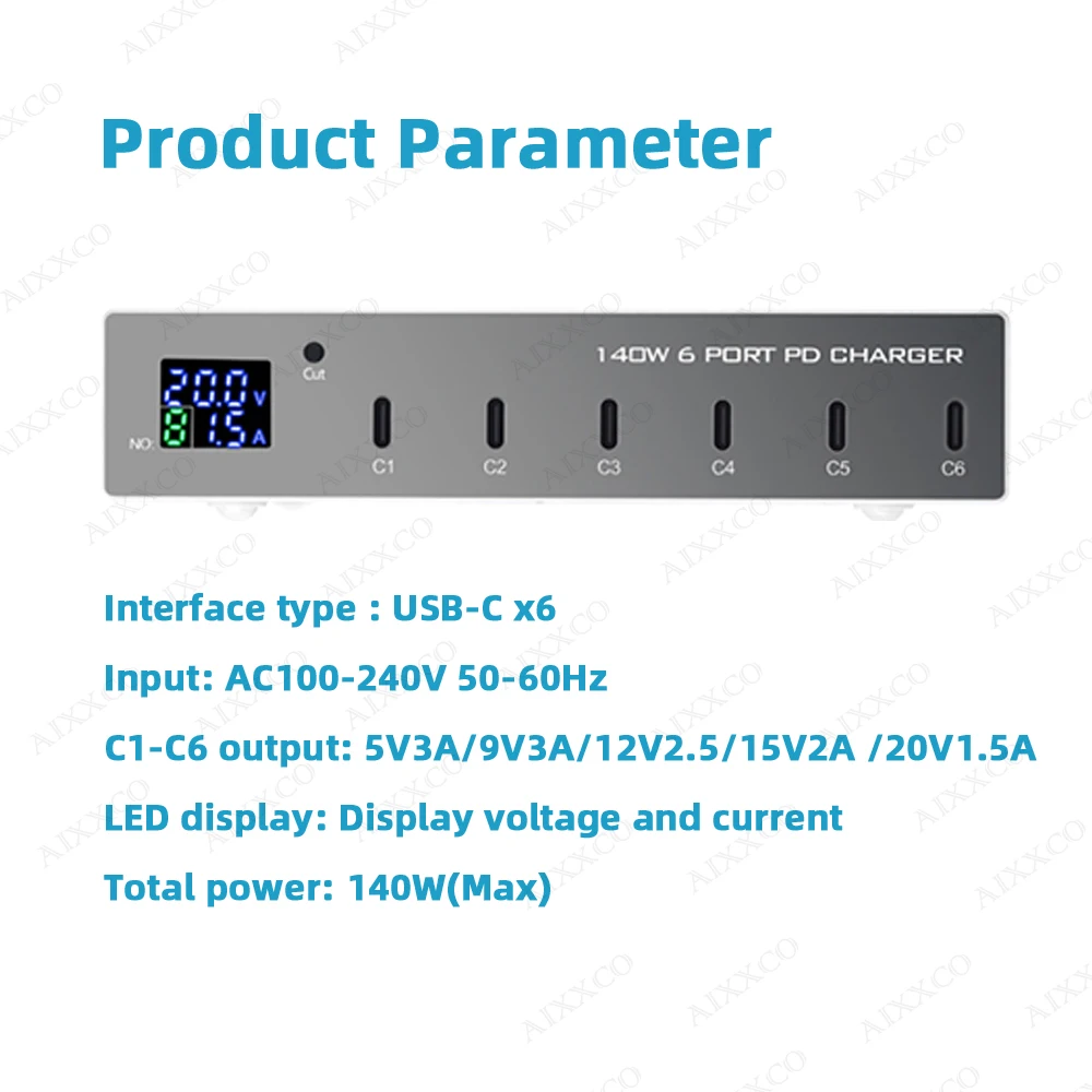 Aixxco-iPhone,ラップトップ,タイプc用のUSB充電器,140W,6 in 1,クイックチャージ,3.0