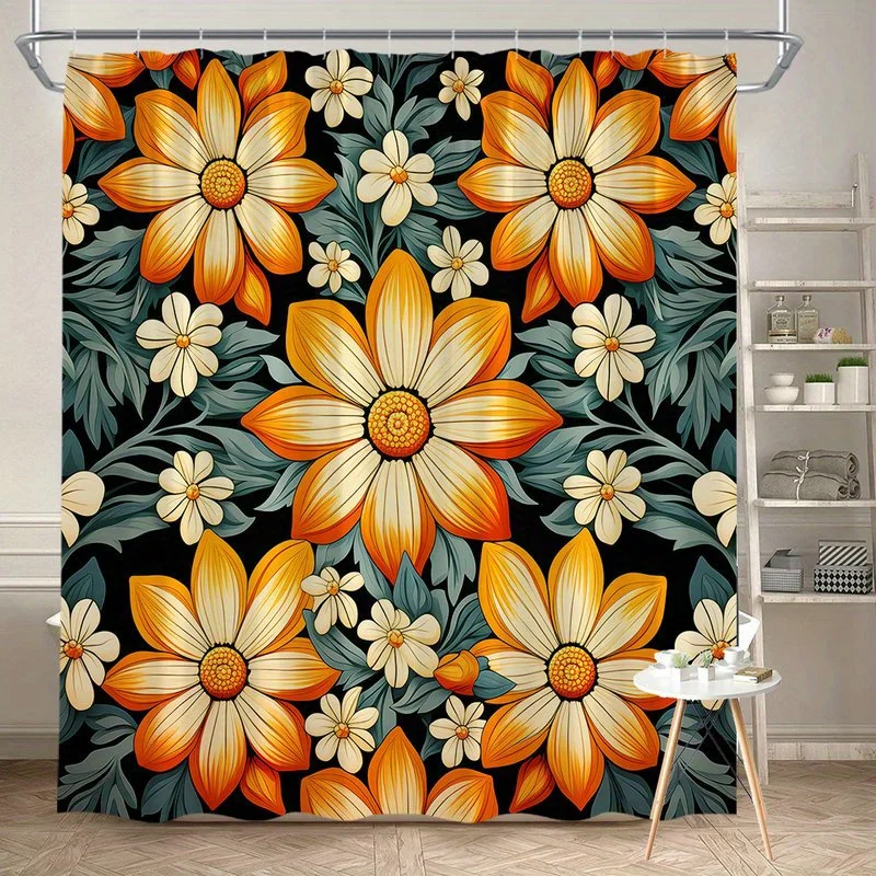 

1 шт., занавеска для душа с рисунком оранжево-белой ромашки, полиэфирная ткань, можно стирать в машине, подходит для украшения ванной комнаты