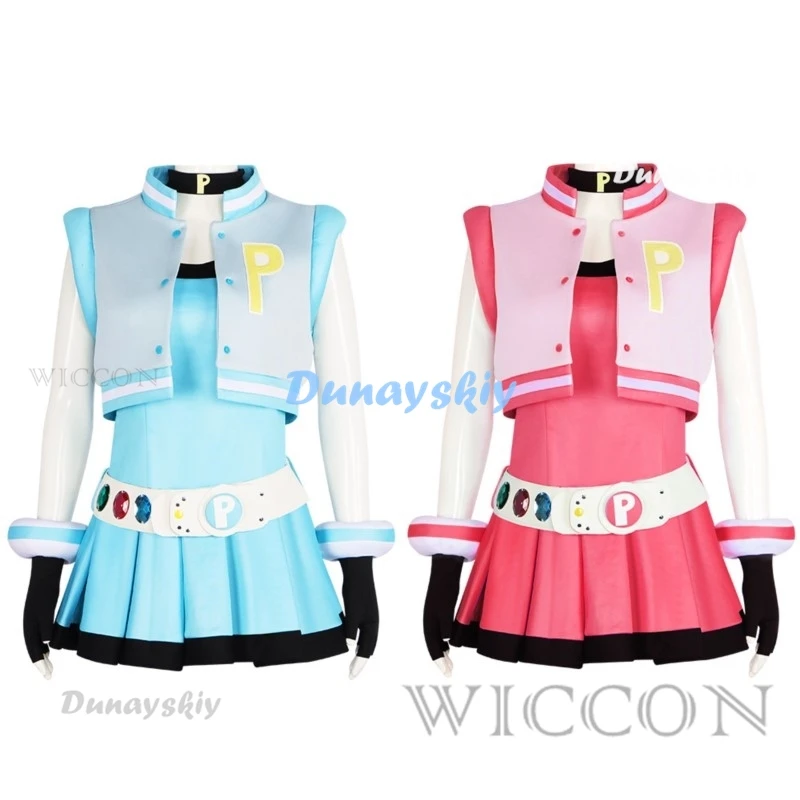 

Power Cos Puff Girls Cosplay Costume Hyper Blossom Rolling Bubbles Costume Vest Coat Dress Outfit Hairband Gloves Belt