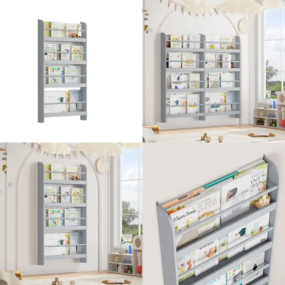 

4-Tier Wall-Mounted Bookshelf Organizer for Kids' Toys and Books, Grey, Ideal for Bedrooms, Living Rooms, and Nurseries