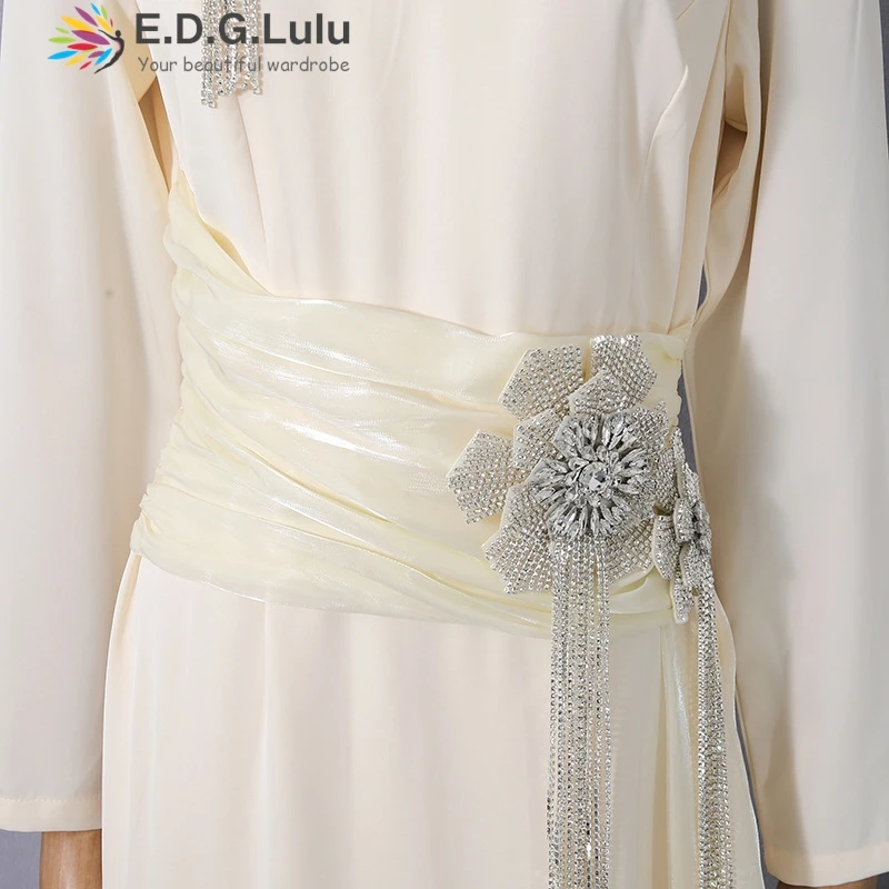 EDGLuLu Sukienki wieczorowe z okrągłym dekoltem, długim rękawem, asymetryczne, damskie, zdobione diamentami, z kwiatowymi frędzlami, łączone, długa sukienka 1205