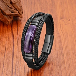 10 Style Luxury Senior Purple Crystal Natural Stone Men's Bracelets Pure Handmade Bracelet Punk Stainless Steel Jewelry Gifts