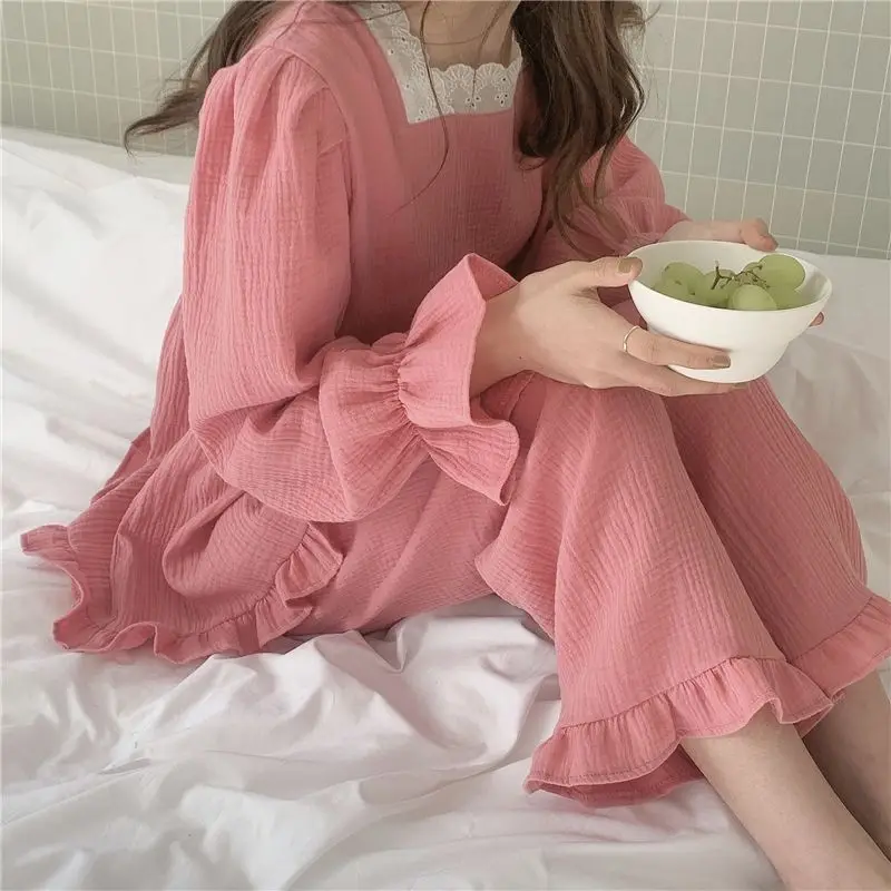 Pajama Sets Women Solid Ruffles Creativity Lovely Age-reducing All-match Korean Style Leisure Trendy Simple Home Prevalent Lace