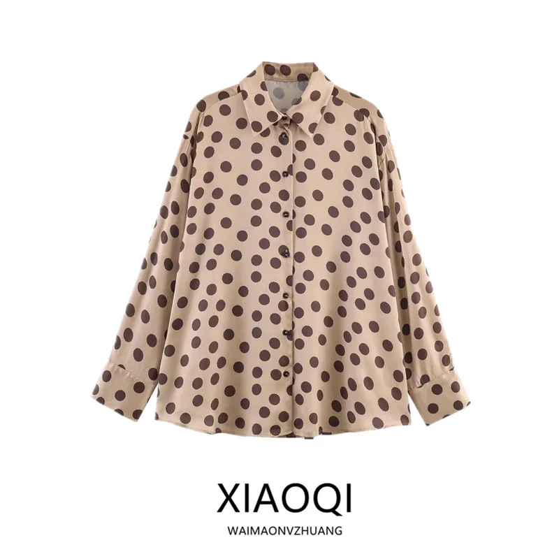 

Весна-Лето 2026: Новая модная женская свободная рубашка с длинным рукавом из качественного материала, с узором в горошек и отложным воротником.