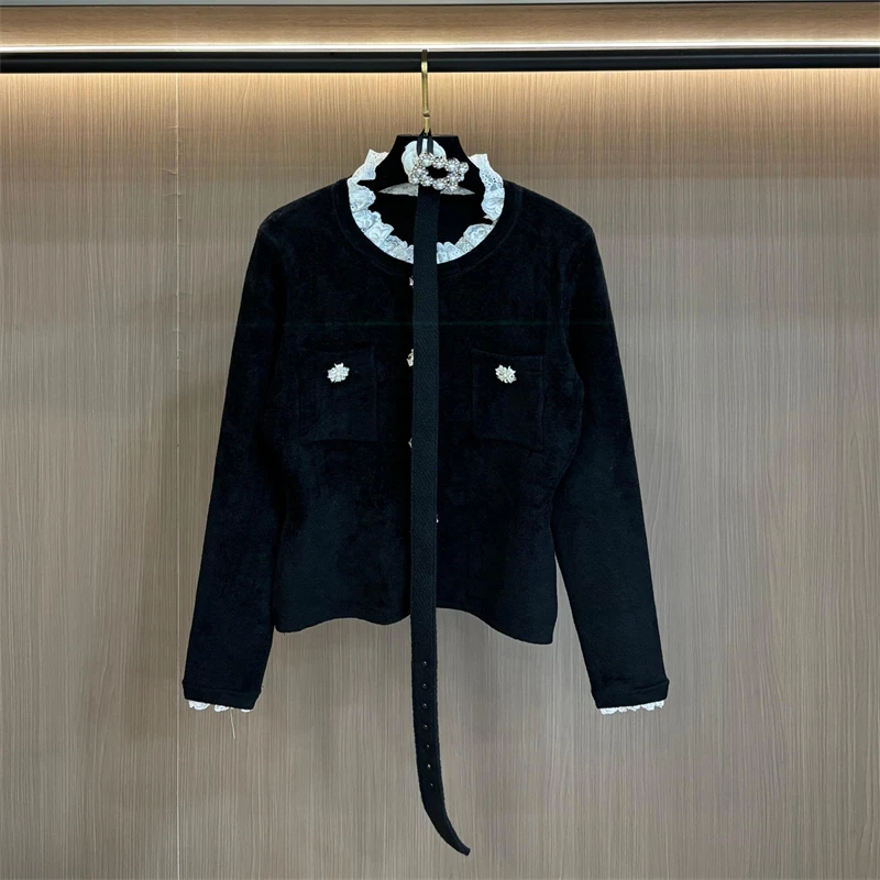 2026 Spring New Women's Round Neck Classic Black Velvet Chenille Knit Cardigan, Fashionable Commuter Top with Diamond Buttons