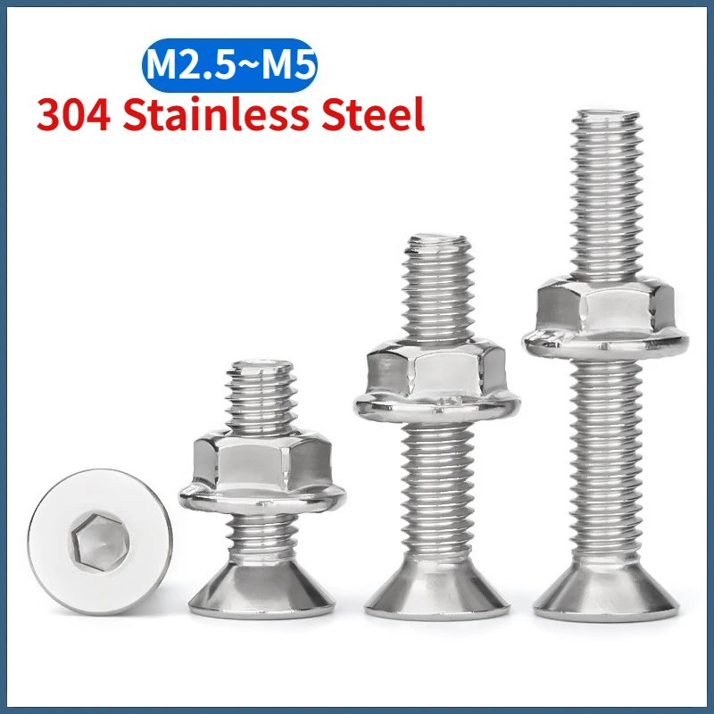 مسامير غاطسة مفتاح ألين عرافة المقبس البراغي ومجموعة صواميل شفة مسننة 304 A2 الفولاذ المقاوم للصدأ M2.5 M3 M4 M5